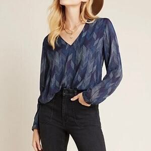 ANTHROPOLOGIE Cloth & Stone Herringbone Dotted Blouse Blue XS